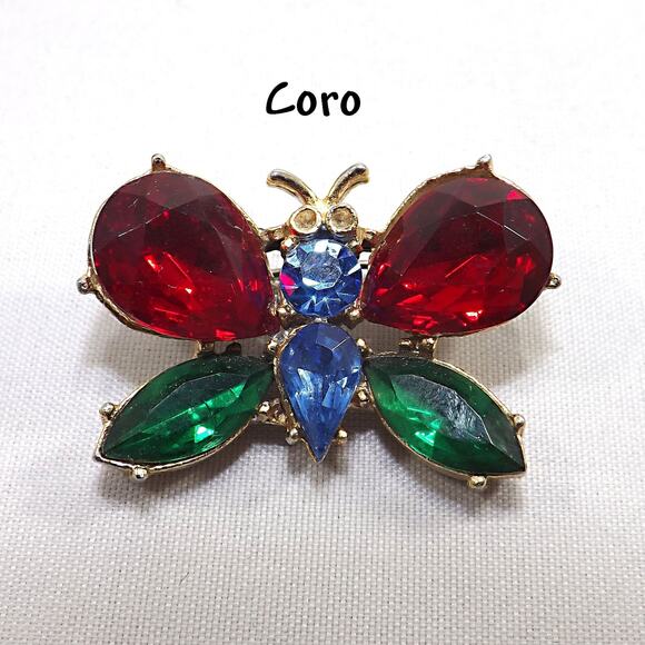 1940s Coro Butterfly Brooch Red Green Blue Rhinestone Gold Tone Vintage Jewelry - Picture 4 of 10